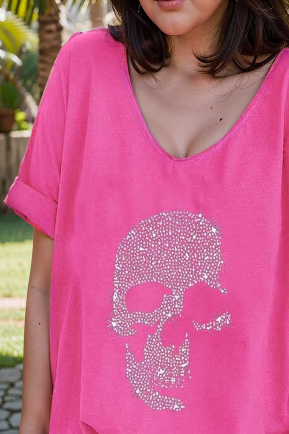 v neck skull print loose short sleeve t shirt 108391