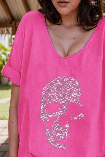 v neck skull print loose short sleeve t shirt 137603