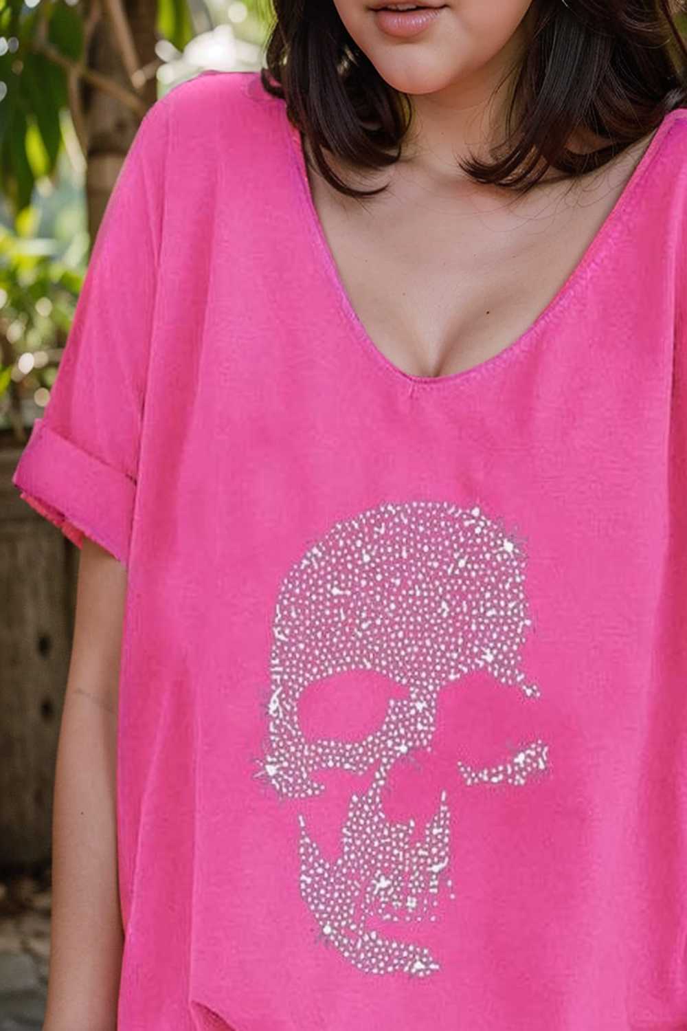 v neck skull print loose short sleeve t shirt 137602