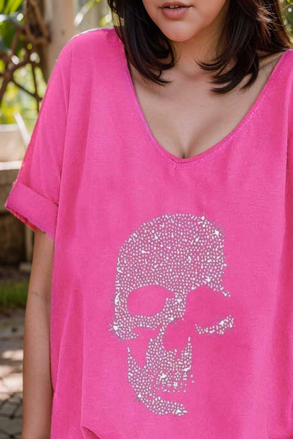 v neck skull print loose short sleeve t shirt 108390