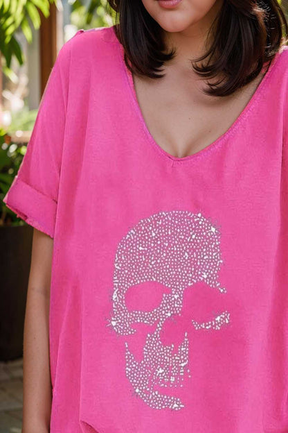 v neck skull print loose short sleeve t shirt 137601