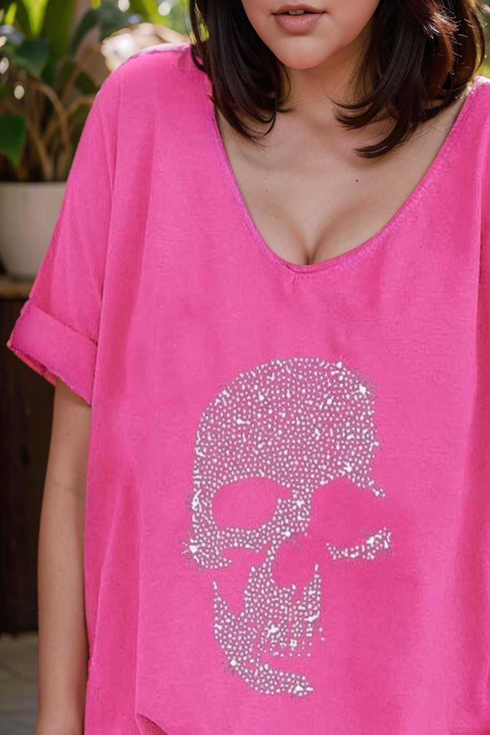 v neck skull print loose short sleeve t shirt 108389