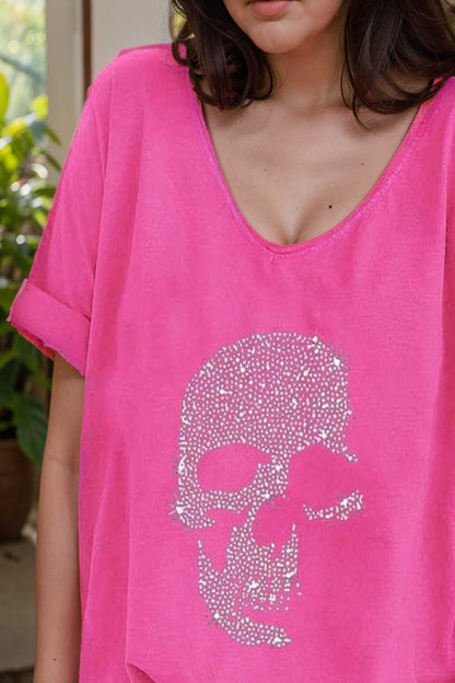 v neck skull print loose short sleeve t shirt 108711