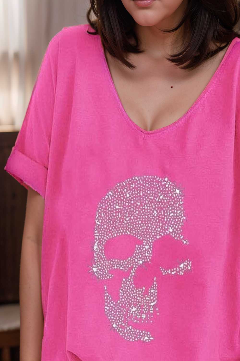 v neck skull print loose short sleeve t shirt 108388