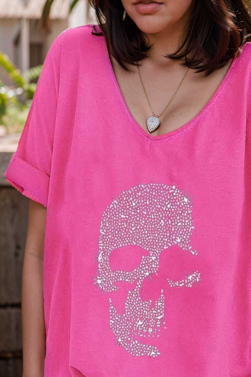 v neck skull print loose short sleeve t shirt 108709