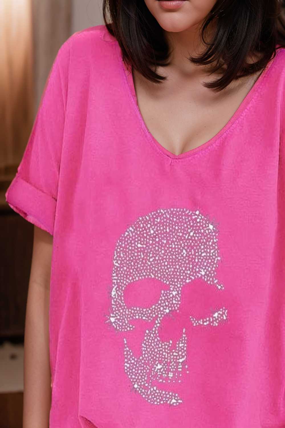 v neck skull print loose short sleeve t shirt 108387