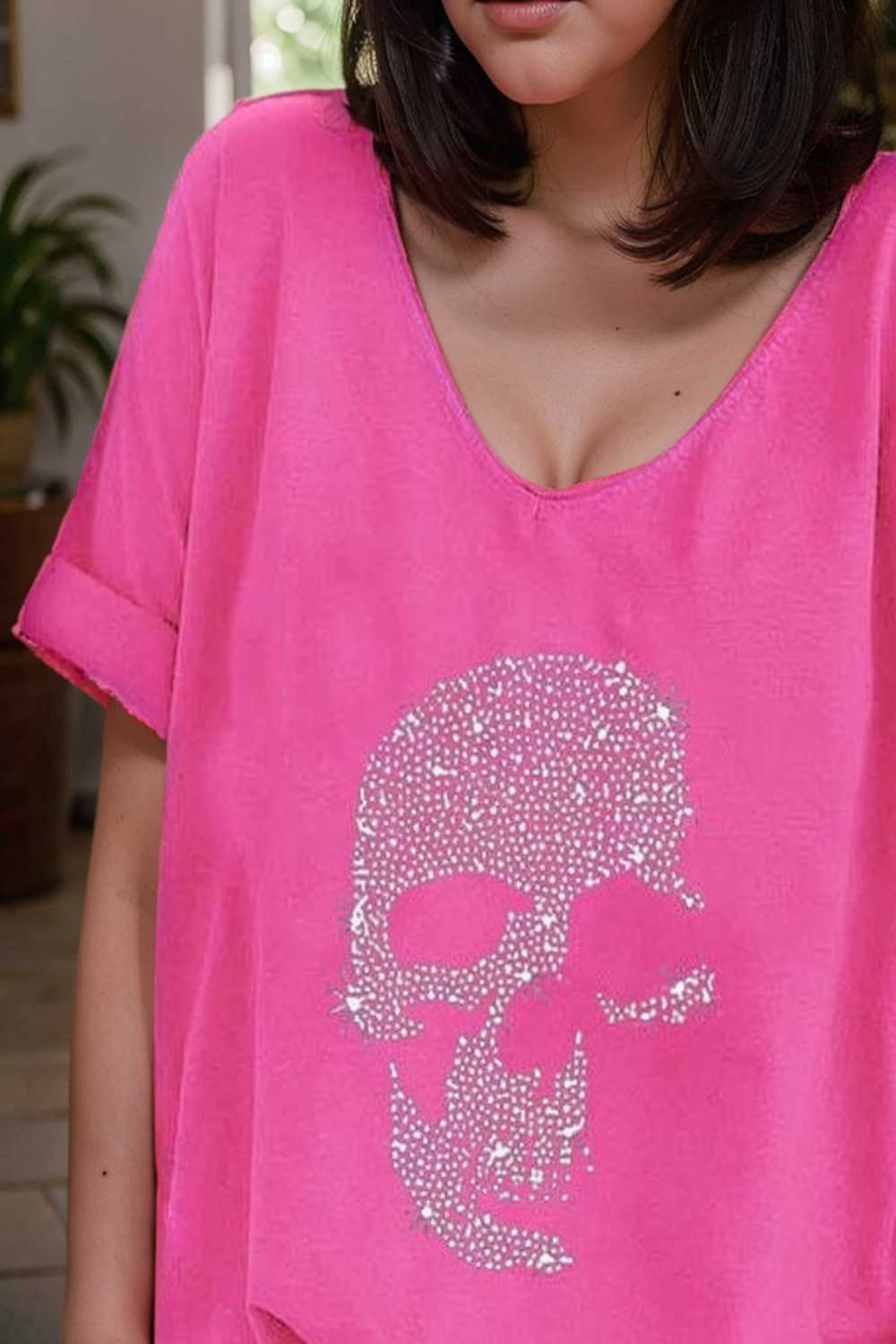 v neck skull print loose short sleeve t shirt 108386
