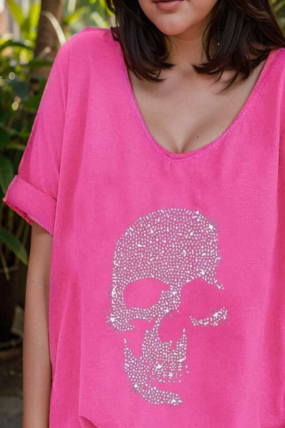 v neck skull print loose short sleeve t shirt 108385