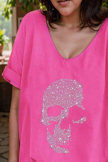 v neck skull print loose short sleeve t shirt 137597