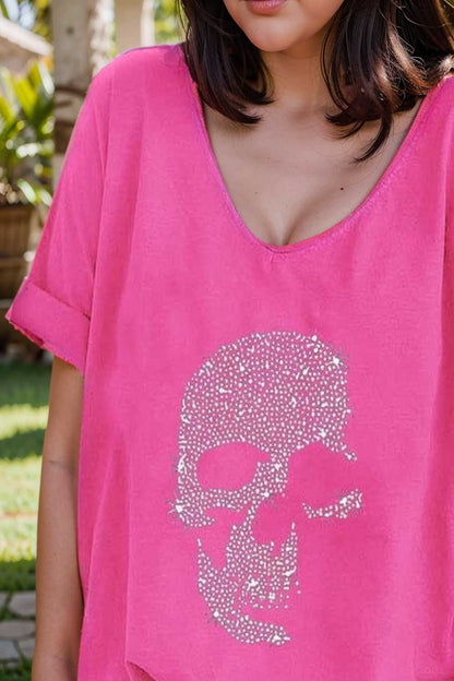 v neck skull print loose short sleeve t shirt 137596