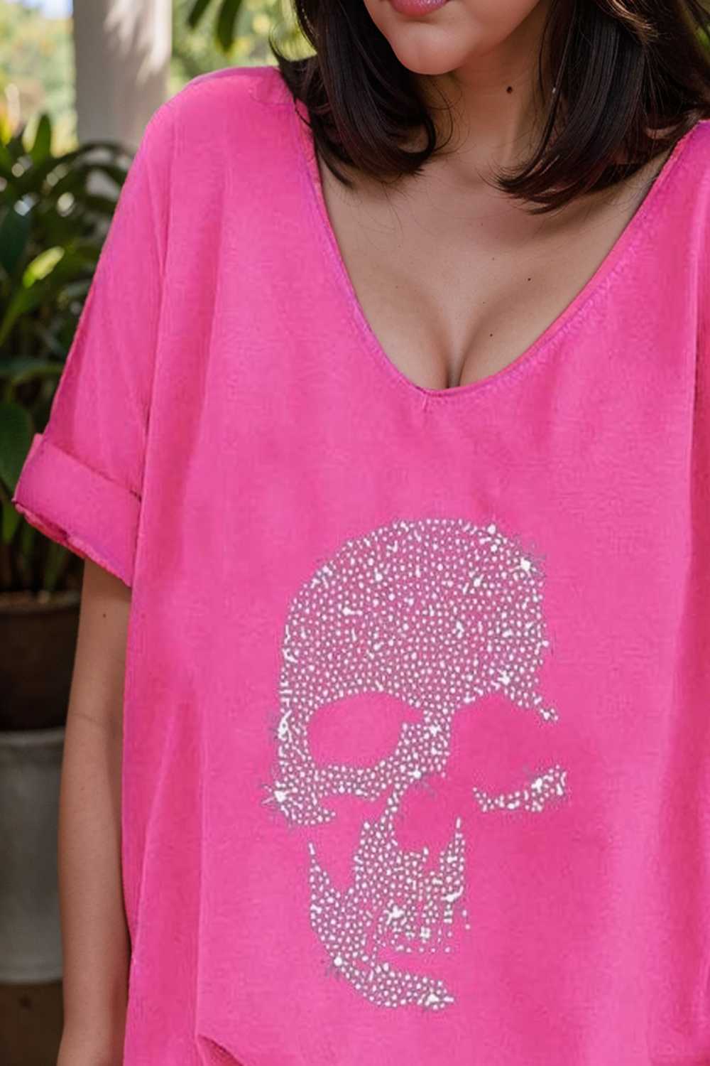 v neck skull print loose short sleeve t shirt 108384