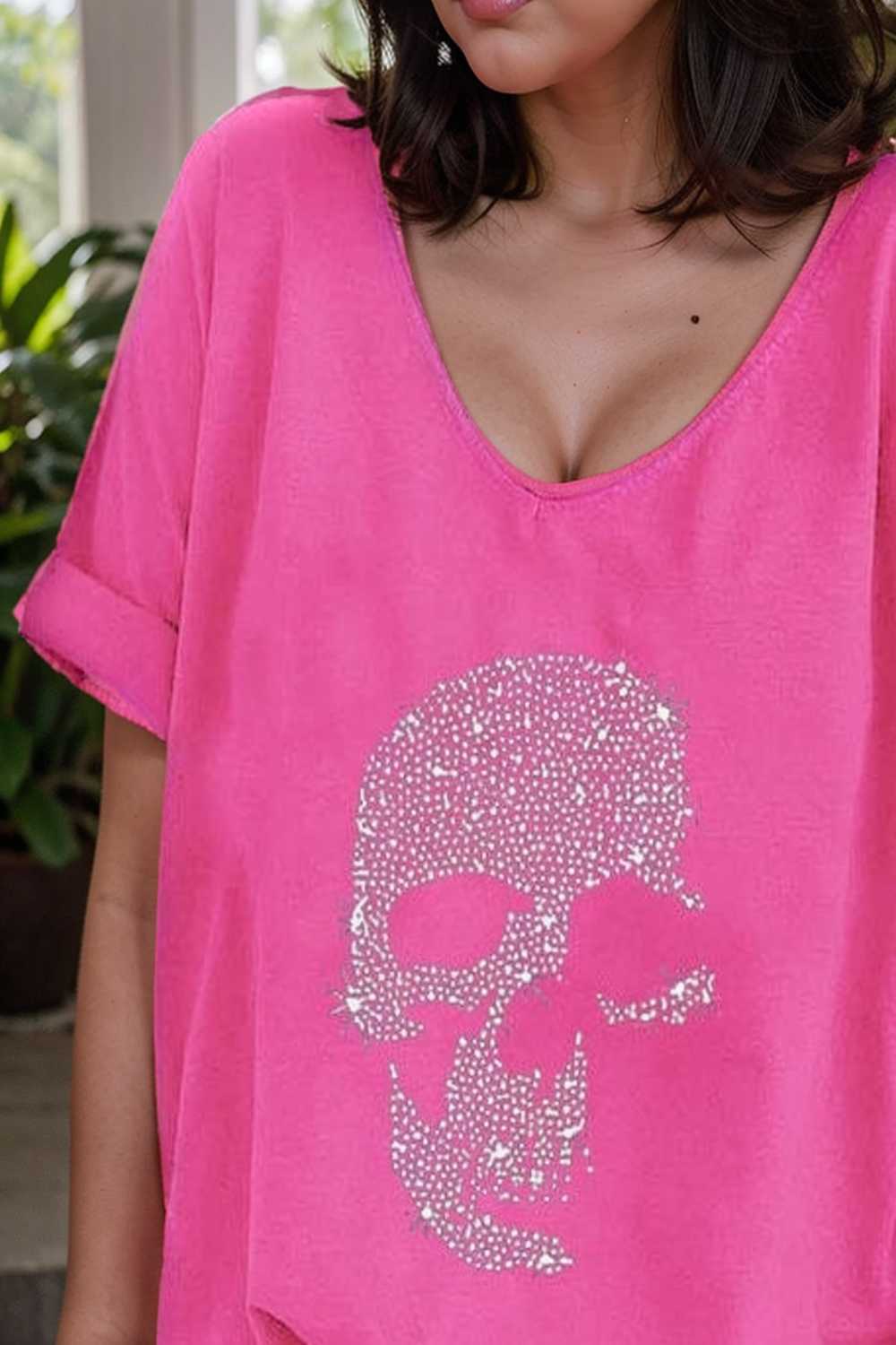 v neck skull print loose short sleeve t shirt 108383