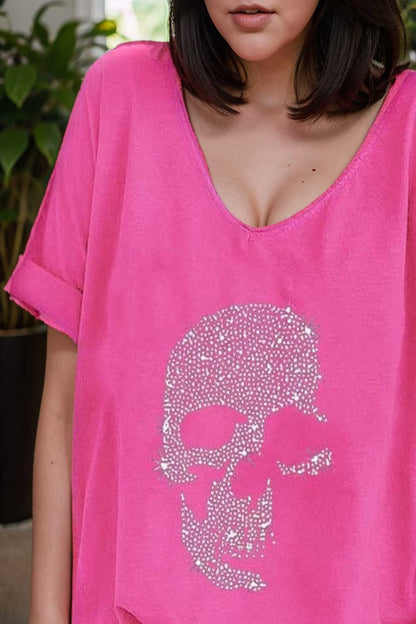 v neck skull print loose short sleeve t shirt 137595