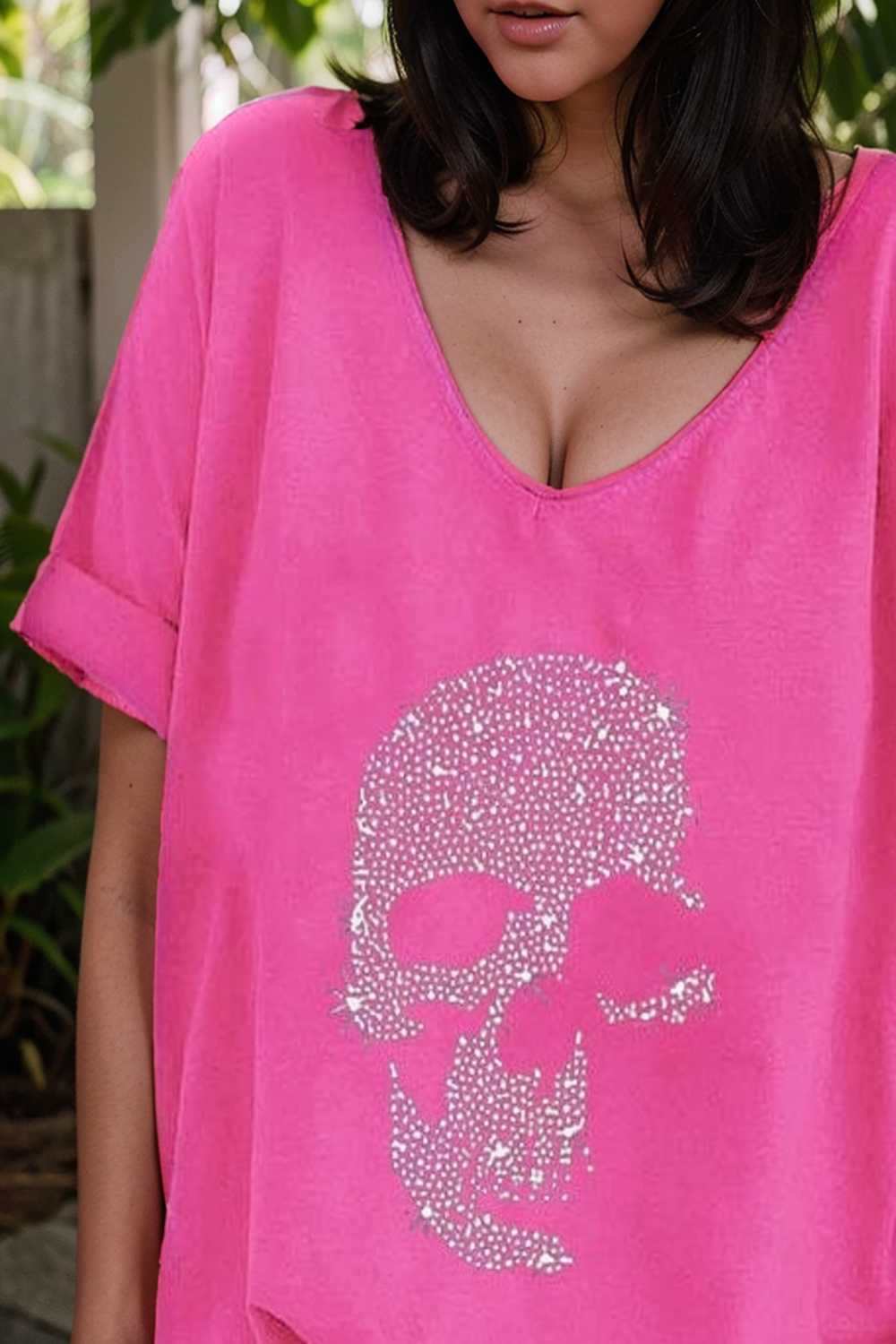 v neck skull print loose short sleeve t shirt 137594