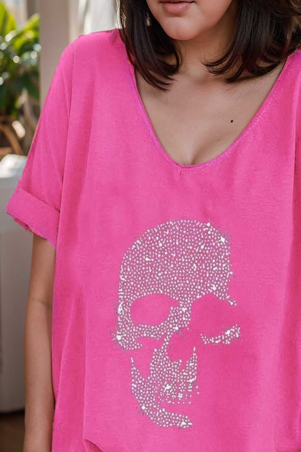 v neck skull print loose short sleeve t shirt 108382