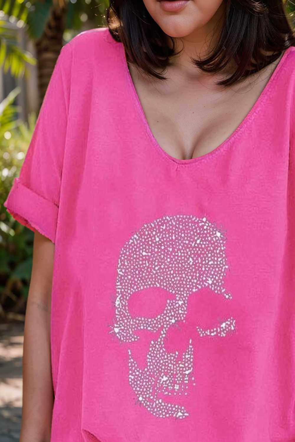v neck skull print loose short sleeve t shirt 108381