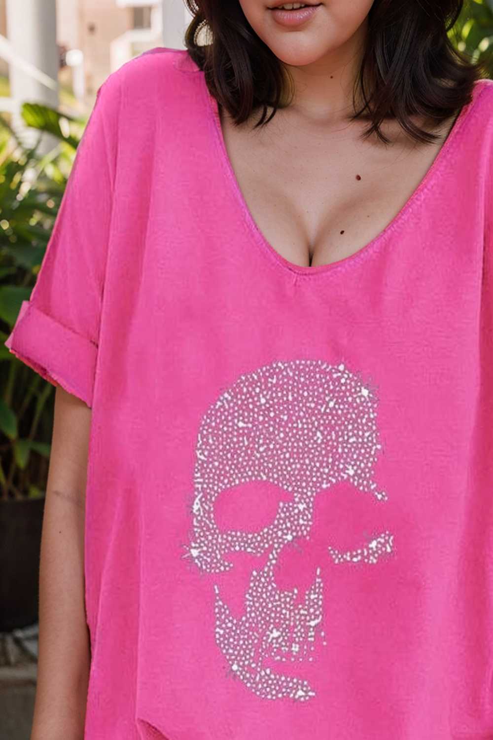 v neck skull print loose short sleeve t shirt 137593