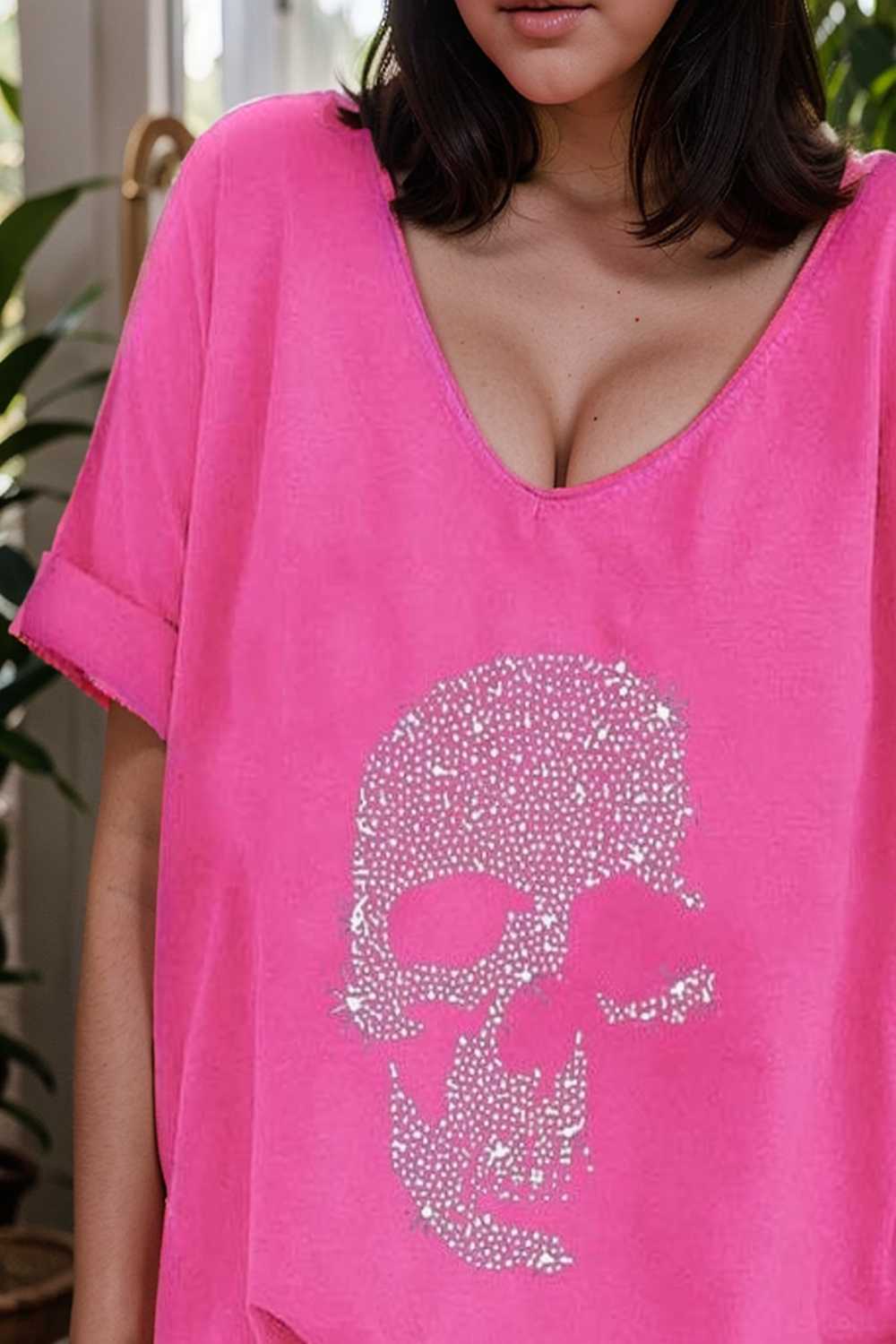 v neck skull print loose short sleeve t shirt 108380
