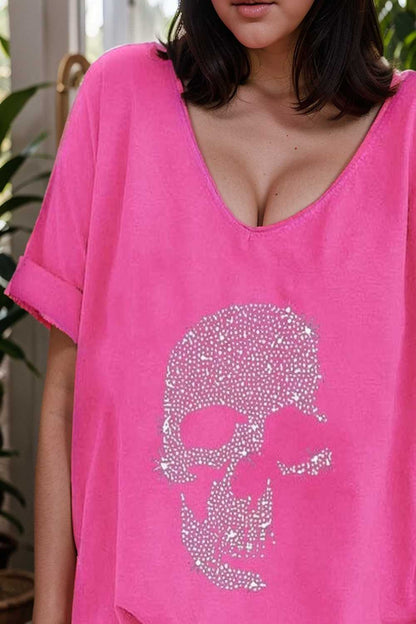 v neck skull print loose short sleeve t shirt 108380