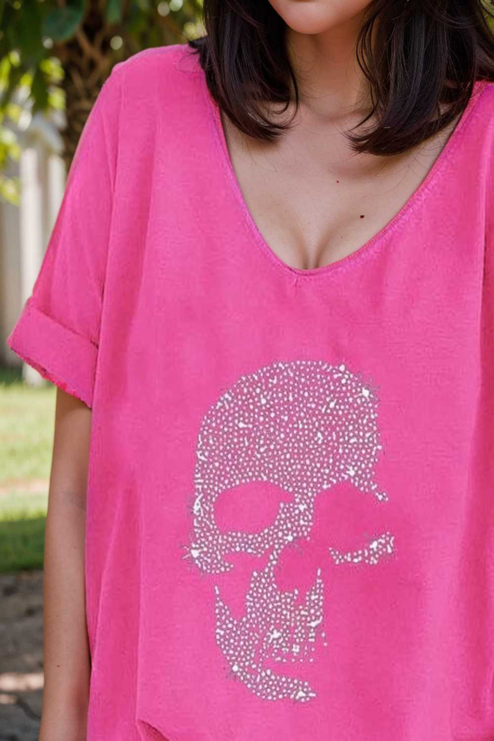v neck skull print loose short sleeve t shirt 108379