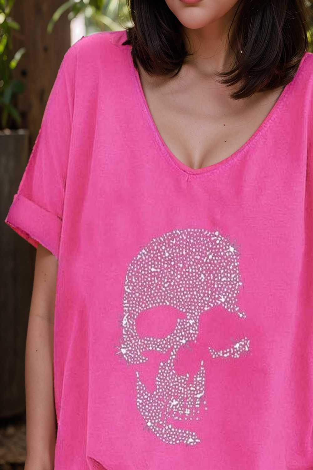 v neck skull print loose short sleeve t shirt 108378