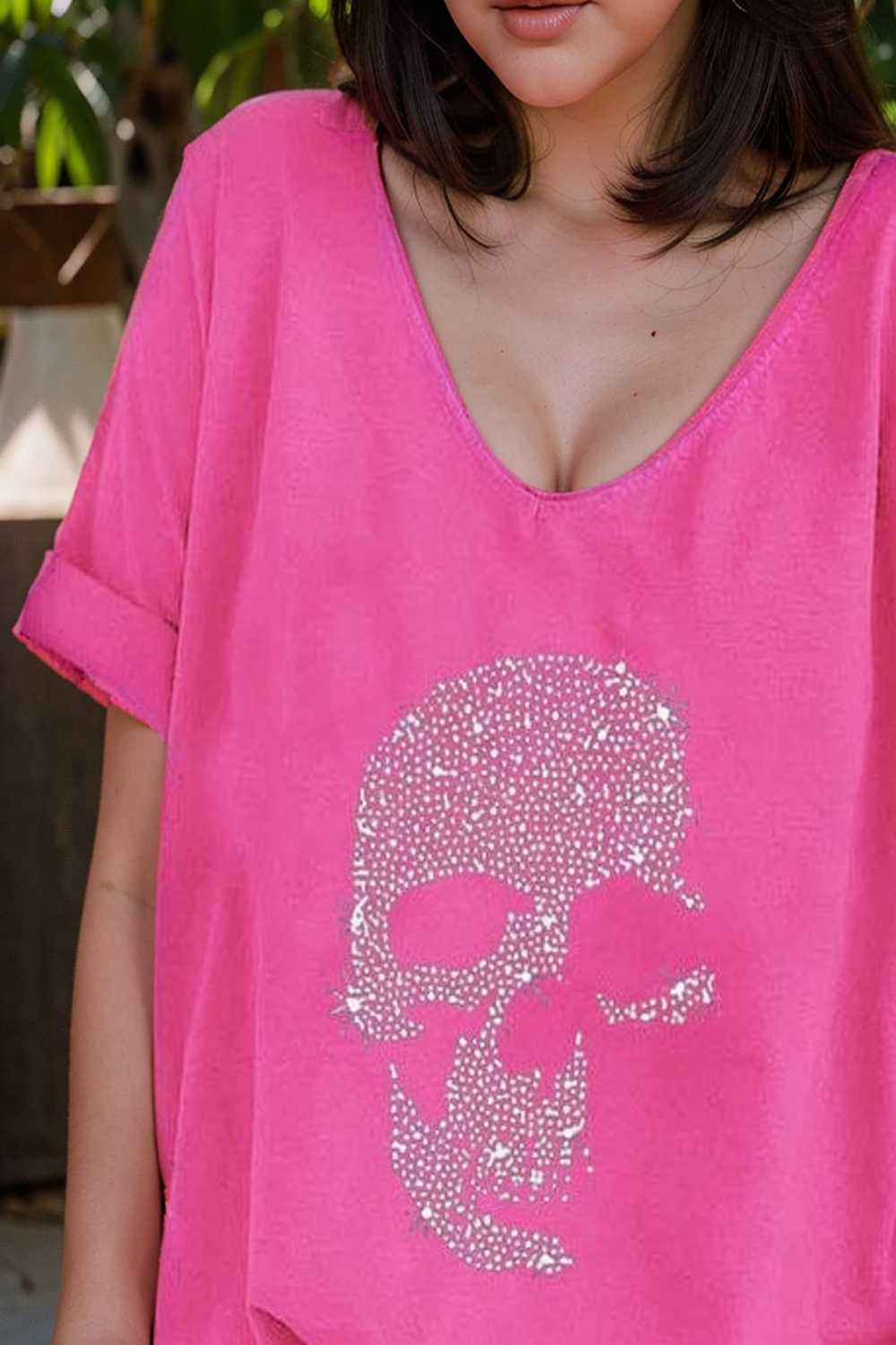 v neck skull print loose short sleeve t shirt 137590