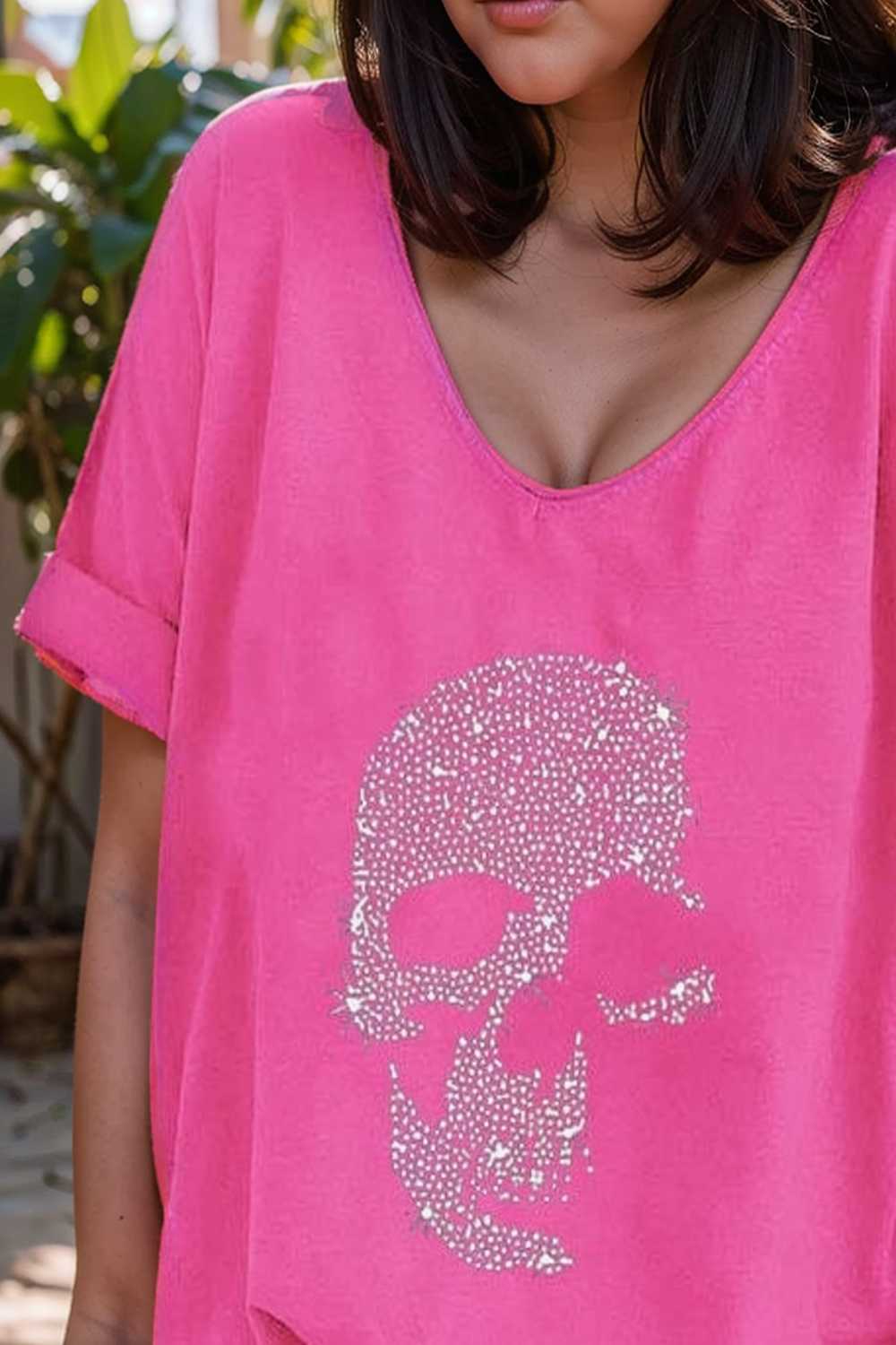 v neck skull print loose short sleeve t shirt 137589