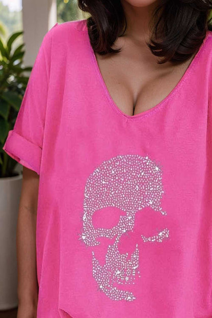 v neck skull print loose short sleeve t shirt 137587