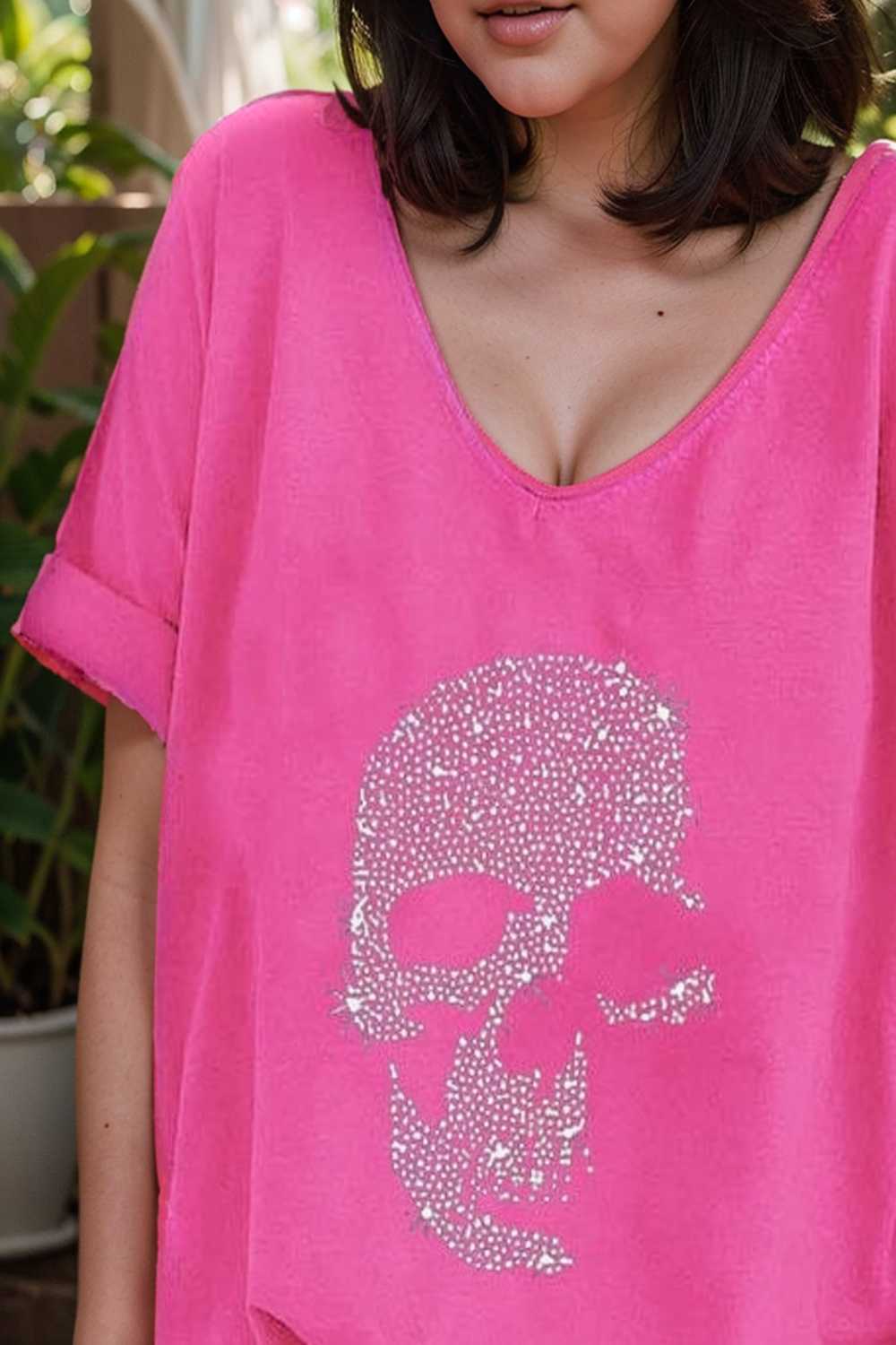 v neck skull print loose short sleeve t shirt 137586