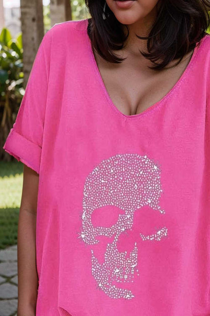 v neck skull print loose short sleeve t shirt 137585