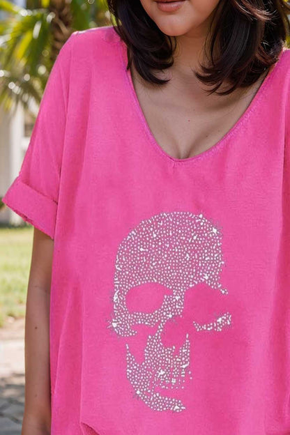 v neck skull print loose short sleeve t shirt 137584