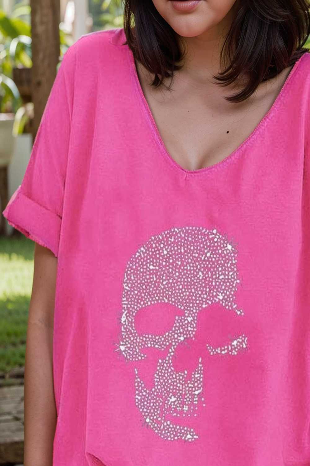 v neck skull print loose short sleeve t shirt 137581