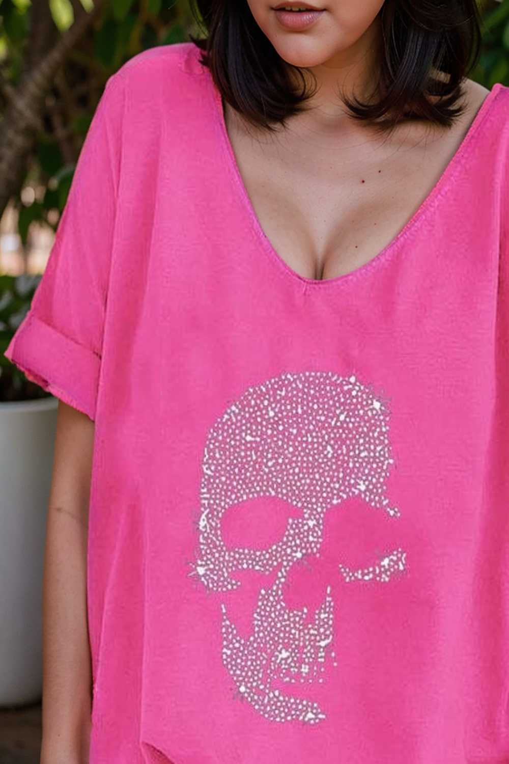 v neck skull print loose short sleeve t shirt 137580