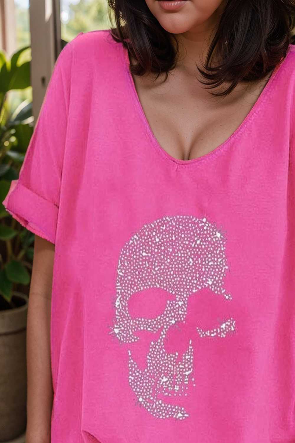 v neck skull print loose short sleeve t shirt 137577