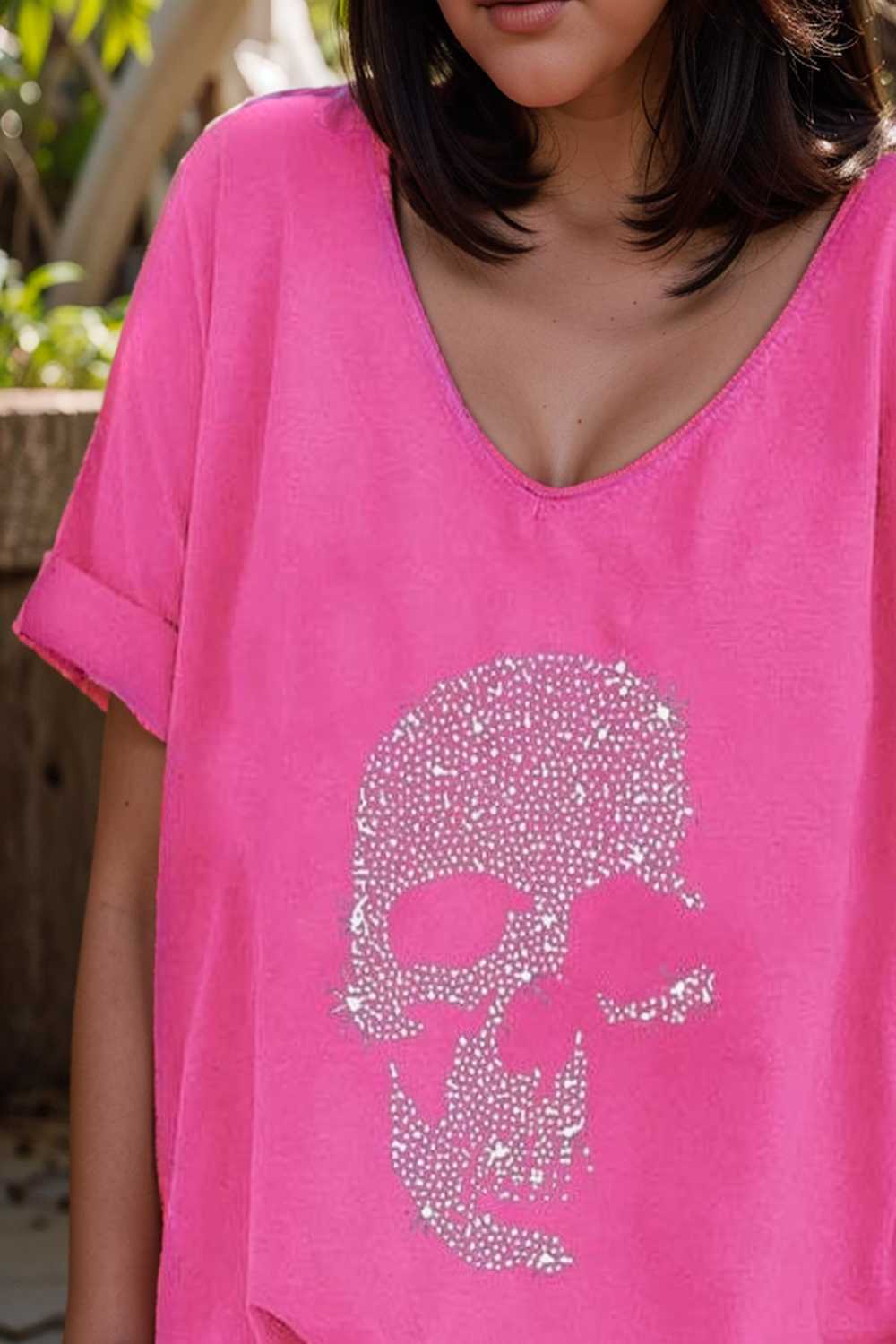 v neck skull print loose short sleeve t shirt 137576