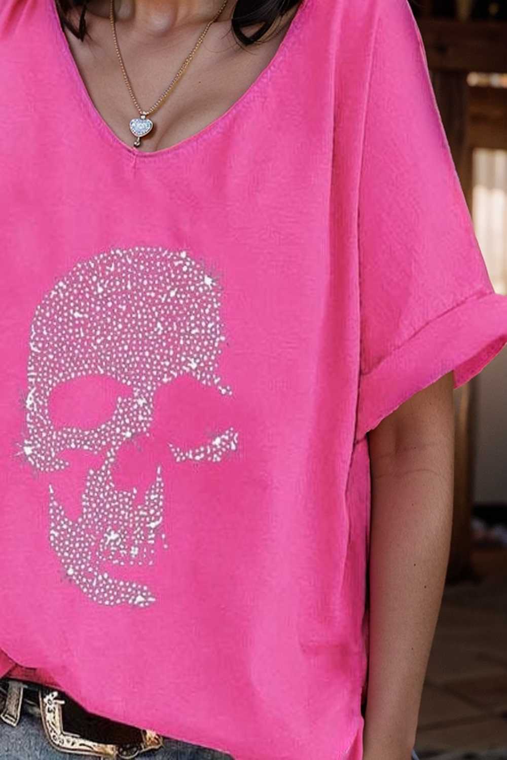 v neck skull print loose short sleeve t shirt 108708