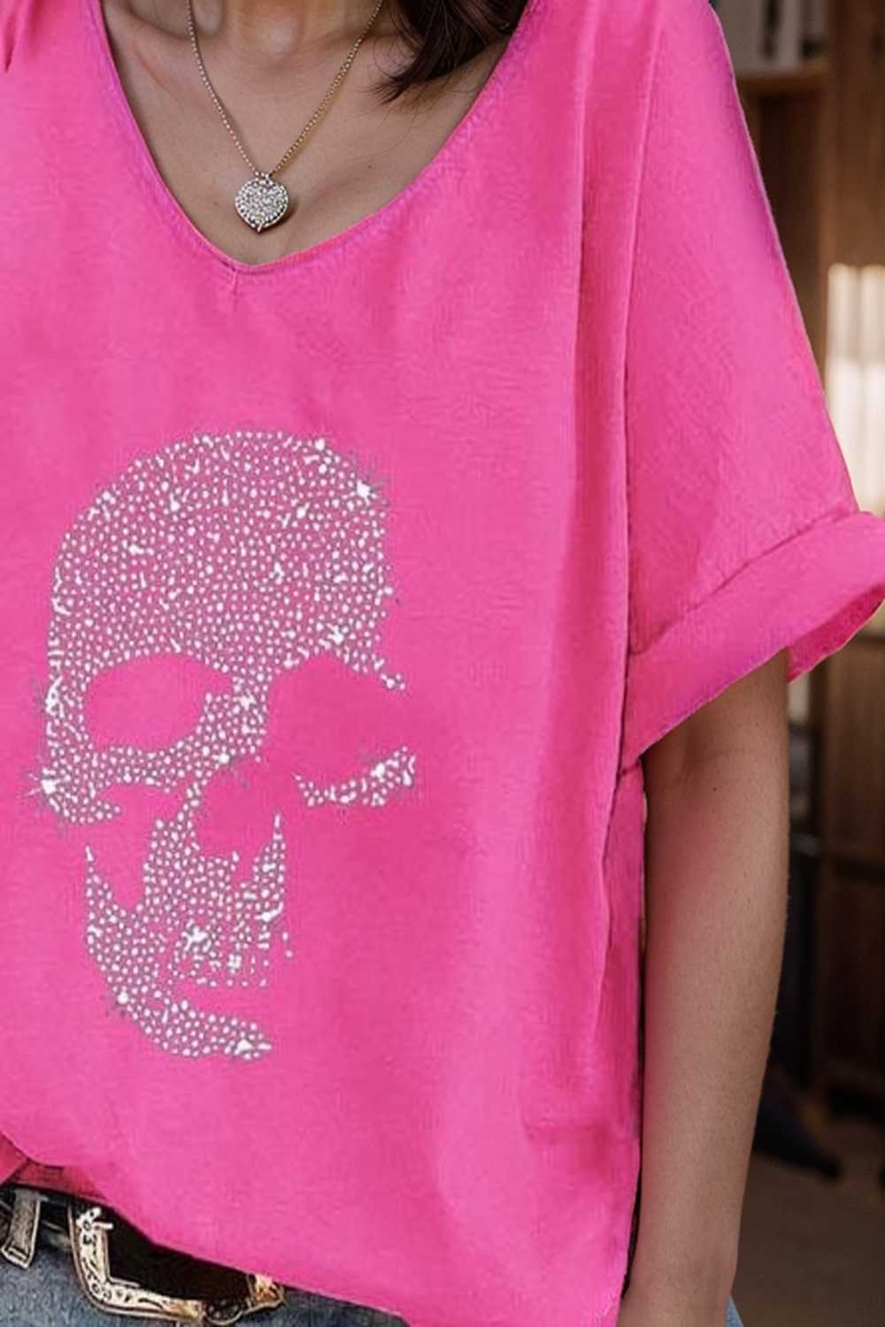 v neck skull print loose short sleeve t shirt 108377