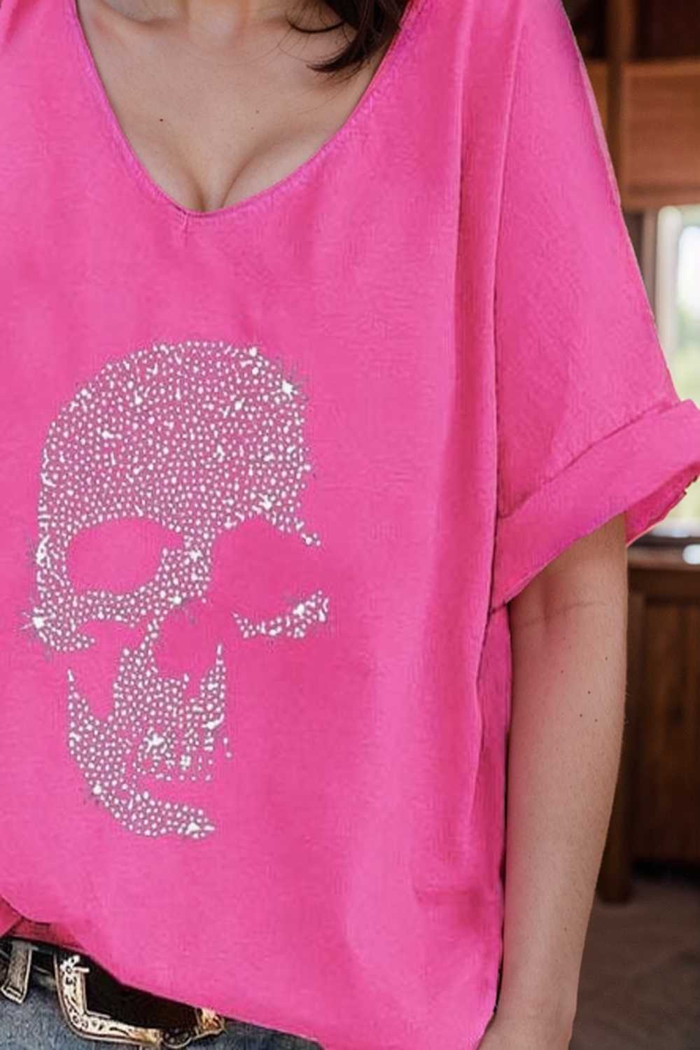v neck skull print loose short sleeve t shirt 108375