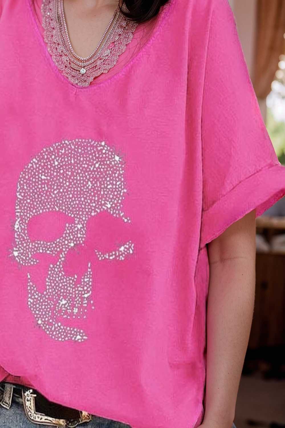 v neck skull print loose short sleeve t shirt 108706