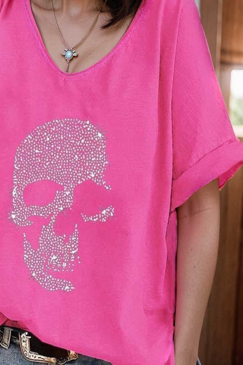 v neck skull print loose short sleeve t shirt 108374