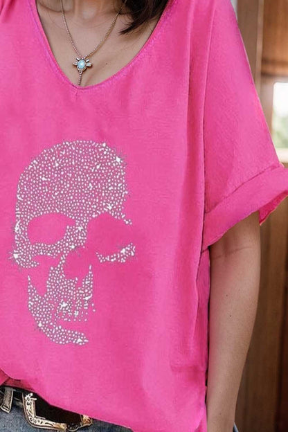 v neck skull print loose short sleeve t shirt 108374