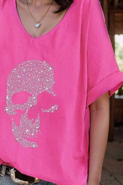 v neck skull print loose short sleeve t shirt 108704