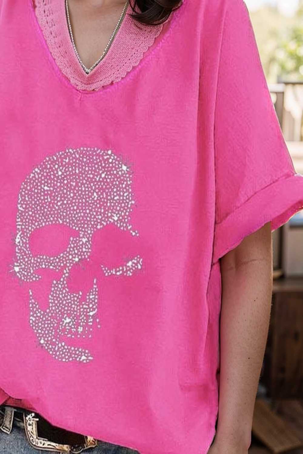v neck skull print loose short sleeve t shirt 108703