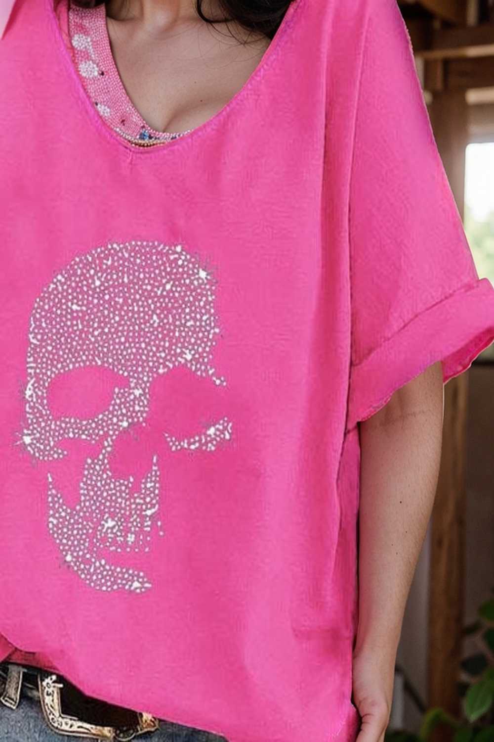 v neck skull print loose short sleeve t shirt 108371