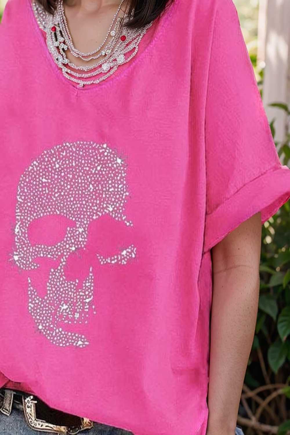 v neck skull print loose short sleeve t shirt 108370
