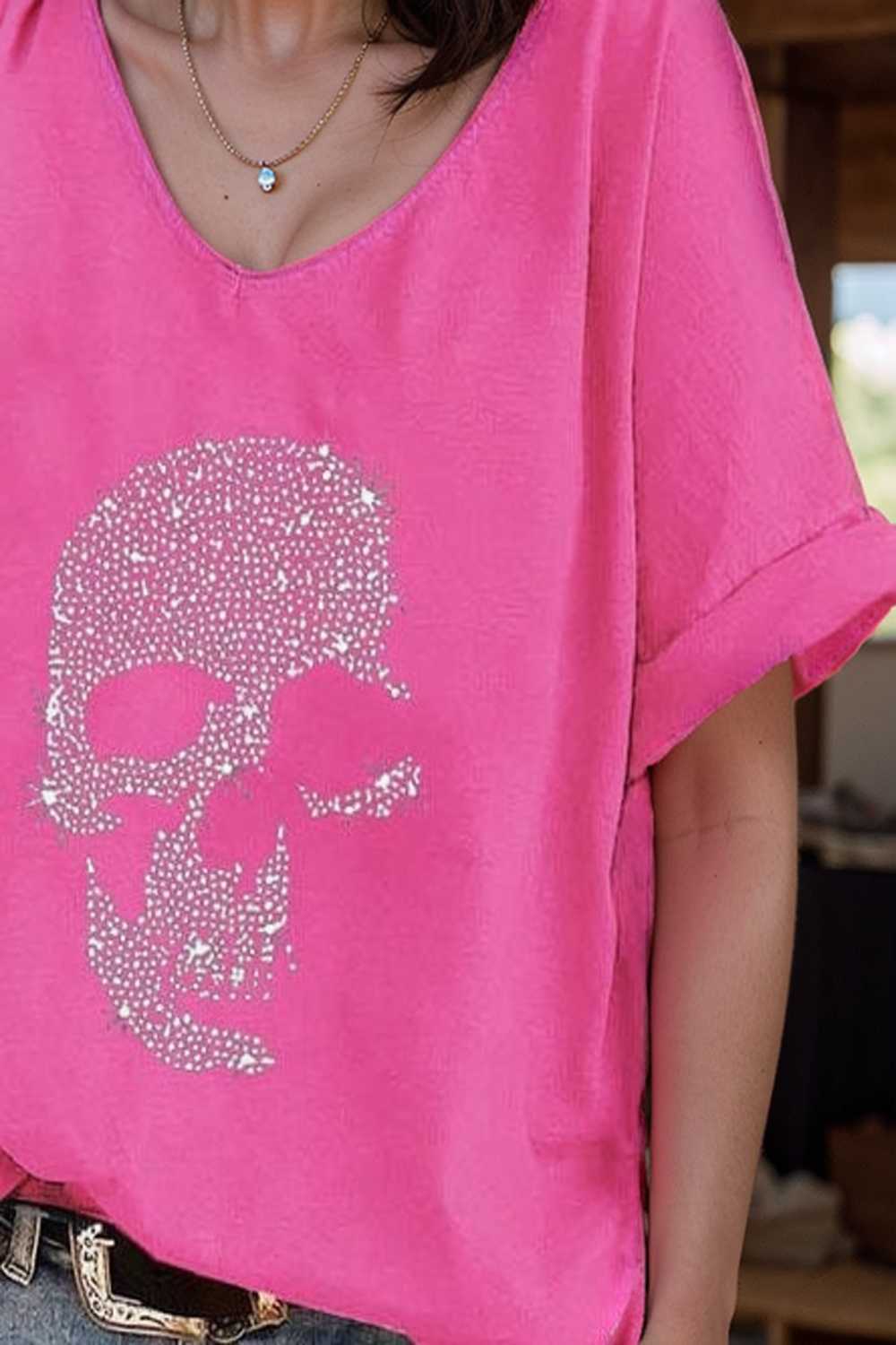 v neck skull print loose short sleeve t shirt 108368