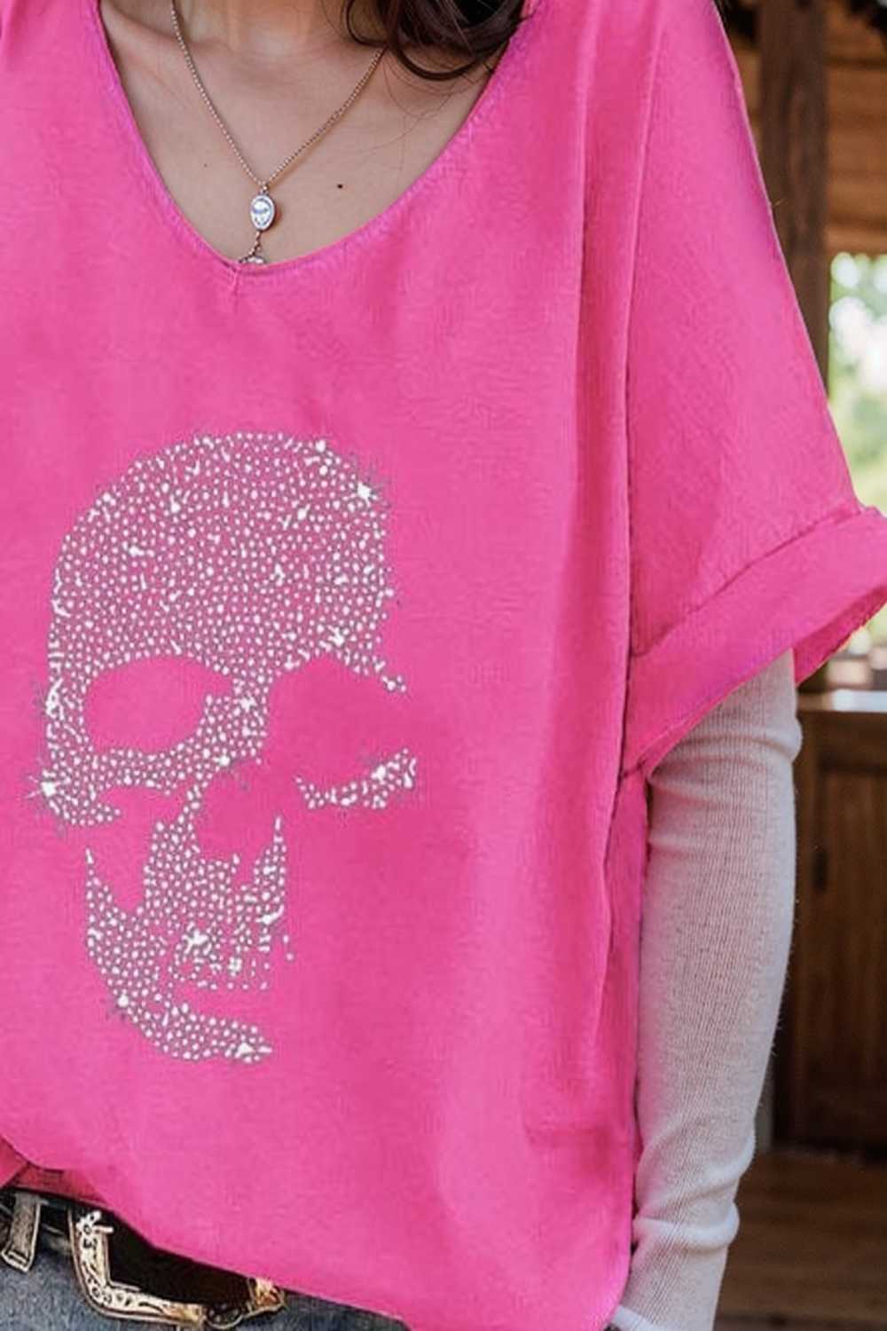 v neck skull print loose short sleeve t shirt 108367