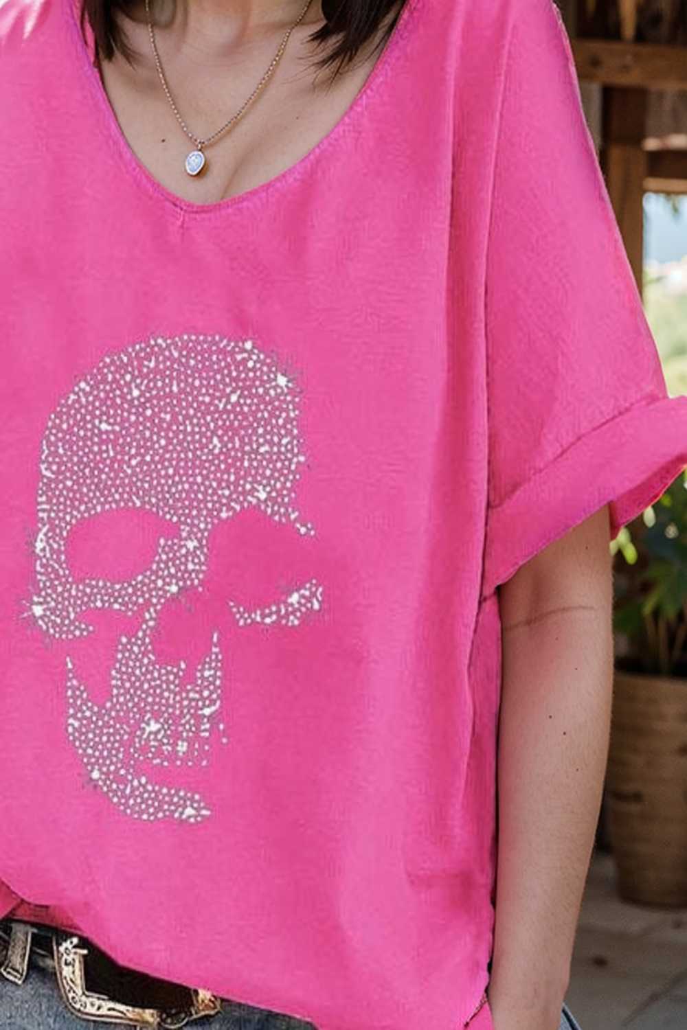 v neck skull print loose short sleeve t shirt 108366