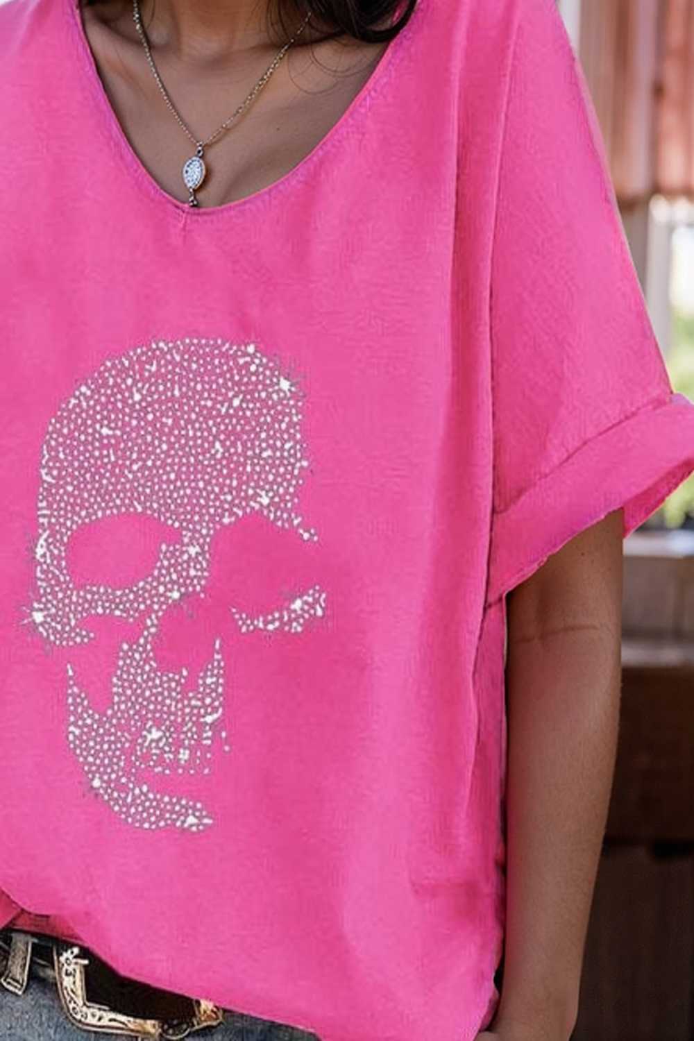 v neck skull print loose short sleeve t shirt 108364