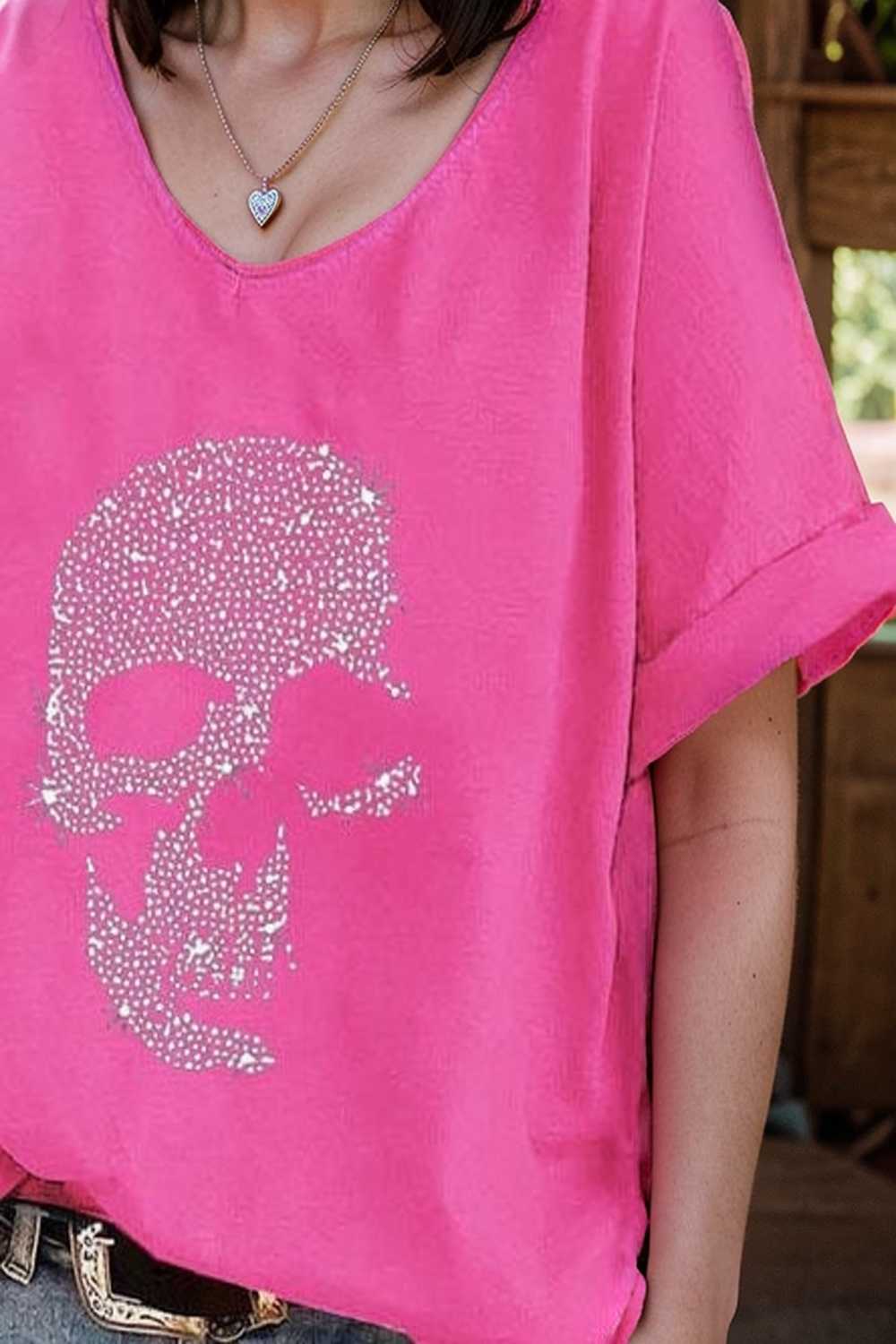 v neck skull print loose short sleeve t shirt 108363